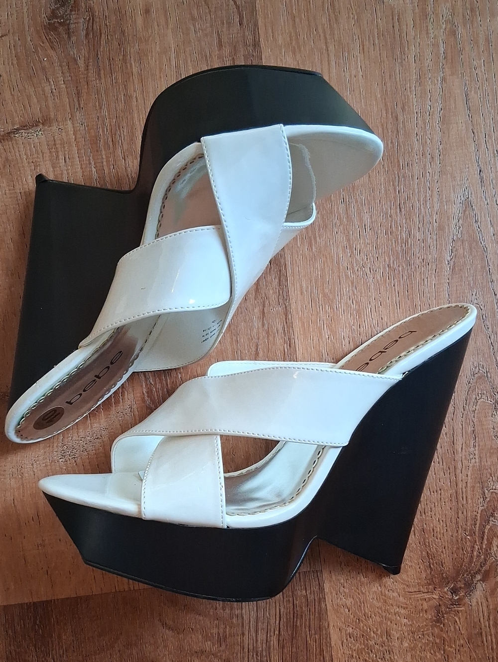 BeBe White Platform Wedge Slide Sandals